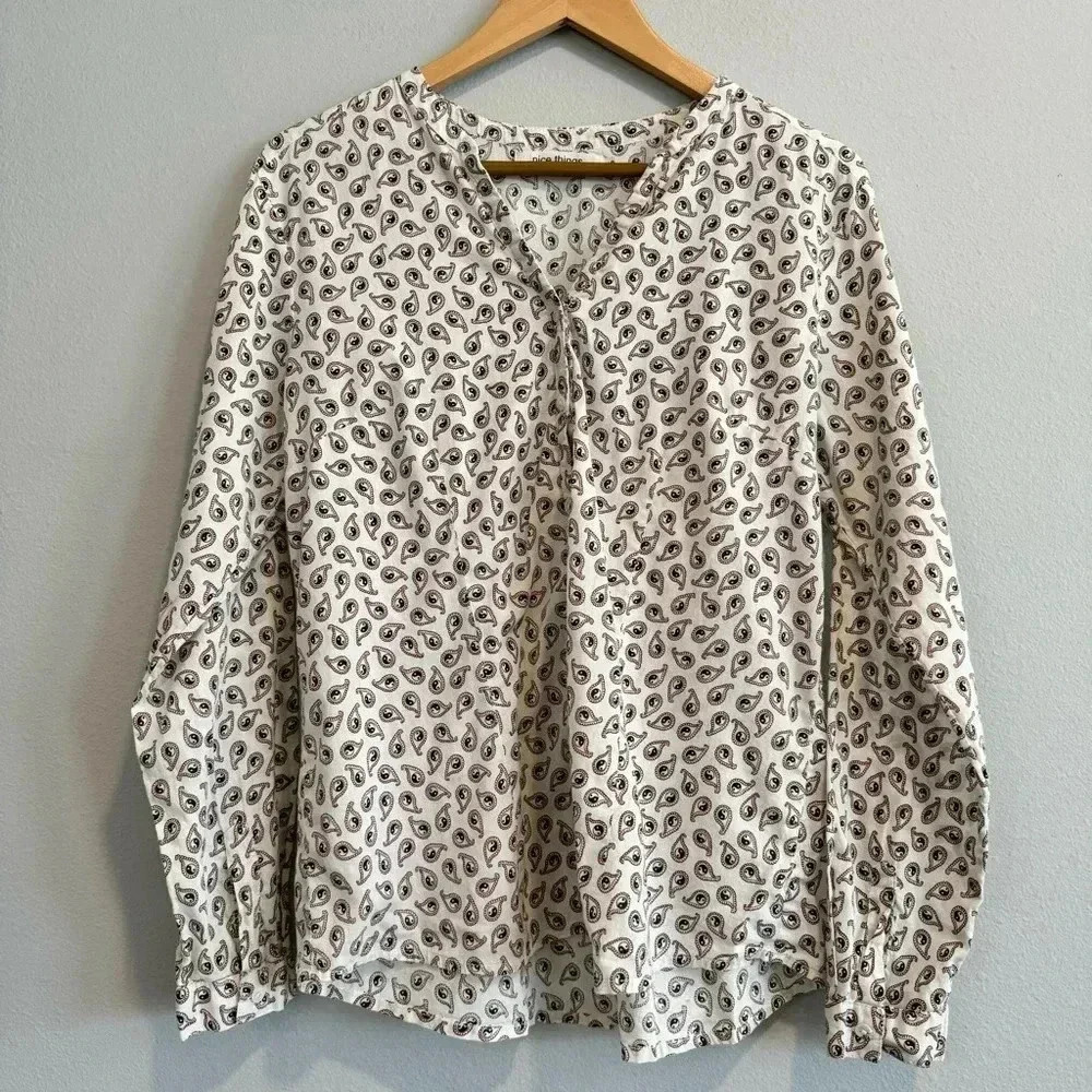 Nice Things Paloma S Button Up Blouse Ying Yang Print Long Sleeve V Neck 42